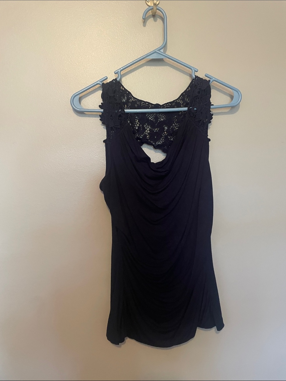 A. Byer Navy Blue Lace Back Cowl Neck Tank Top
